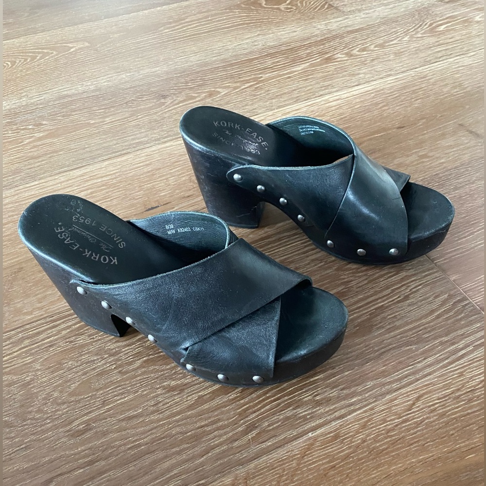 Kork - Ease Black Leather Strap Wood Clog Sandal Size 8 / 39